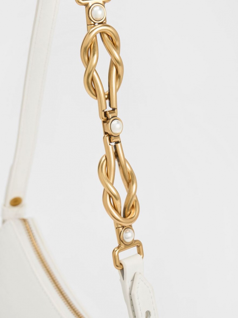 τσάντεσ tote Charles And Keith Metallic-Accent λουρακια Trapeze ασπρα | 01492-NPXB
