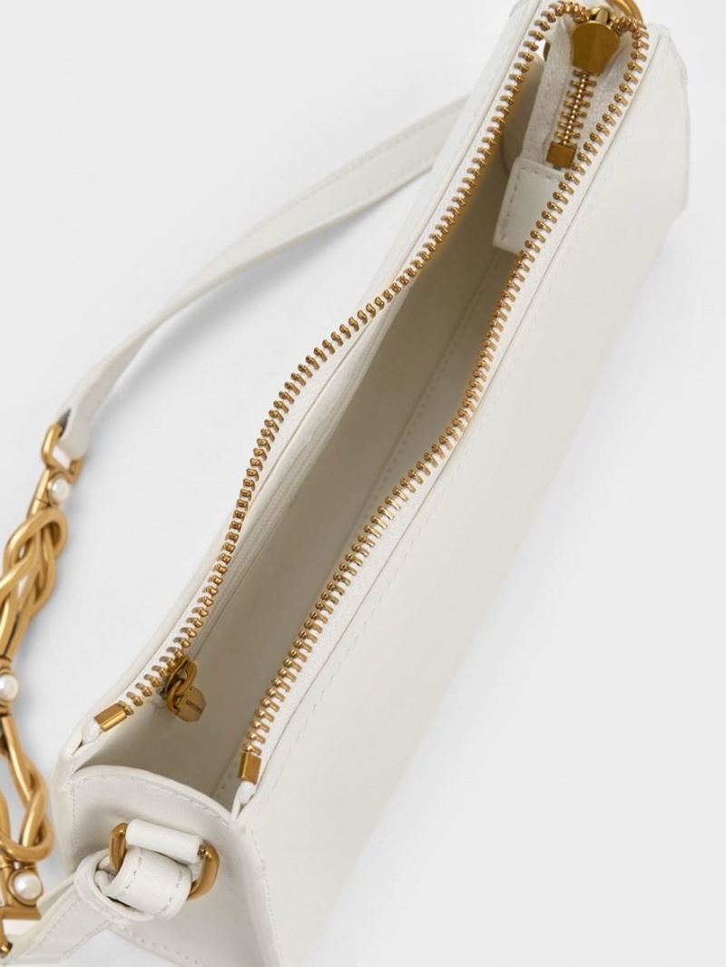 τσάντεσ tote Charles And Keith Metallic-Accent λουρακια Trapeze ασπρα | 01492-NPXB