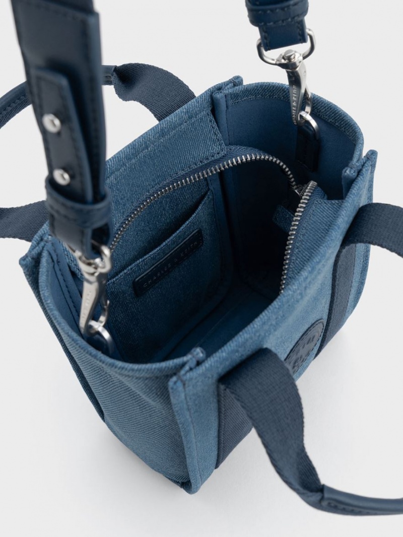 τσάντεσ tote Charles And Keith Mini Kay Denim Contrast-Trim μπλε | 41398-ULEA