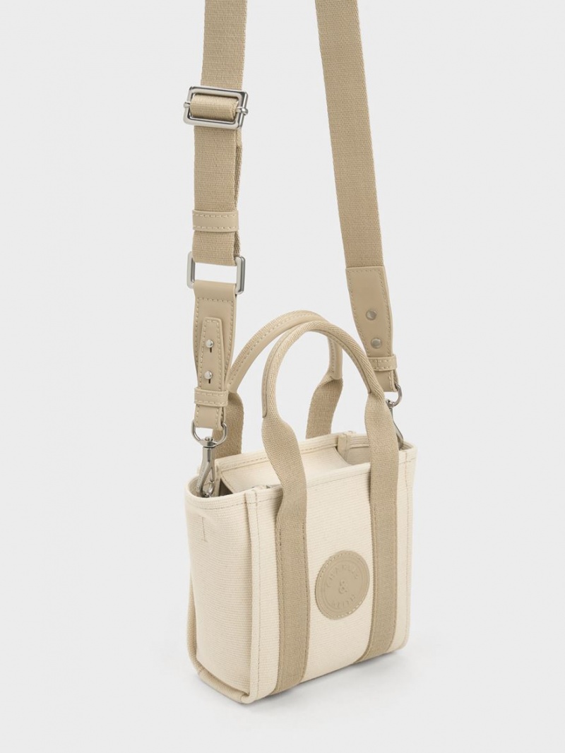 τσάντεσ tote Charles And Keith Mini Kay καμβα Contrast-Trim Μπεζ | 05487-OAWR