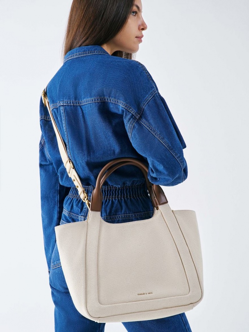 τσάντεσ tote Charles And Keith Nova Two-Tone Large καμβα ασπρα | 89753-RPST