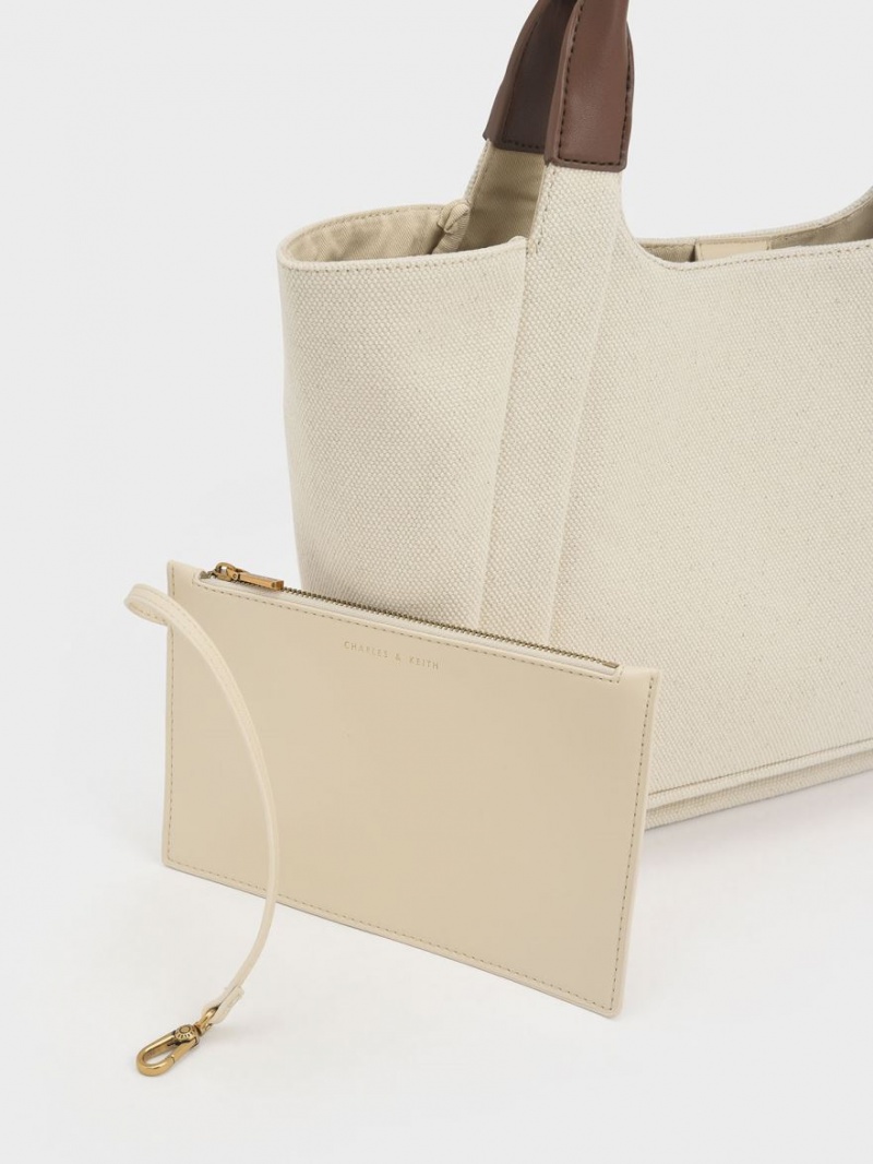 τσάντεσ tote Charles And Keith Nova Two-Tone Large καμβα ασπρα | 89753-RPST