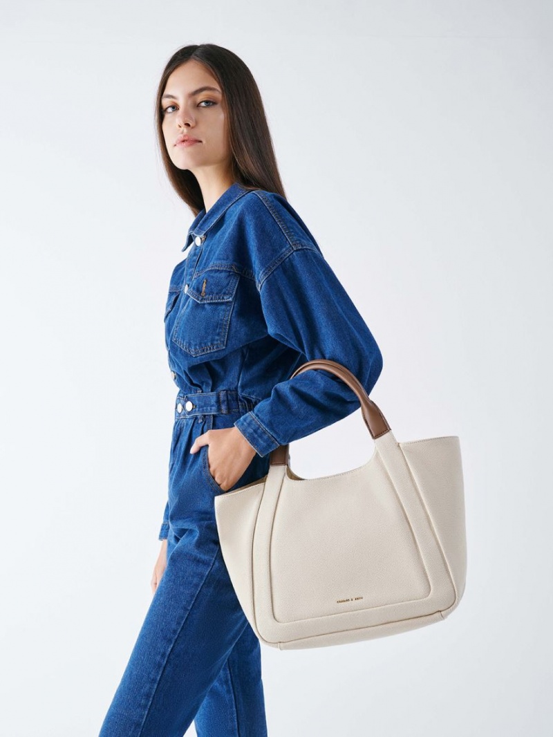 τσάντεσ tote Charles And Keith Nova Two-Tone Large καμβα ασπρα | 89753-RPST