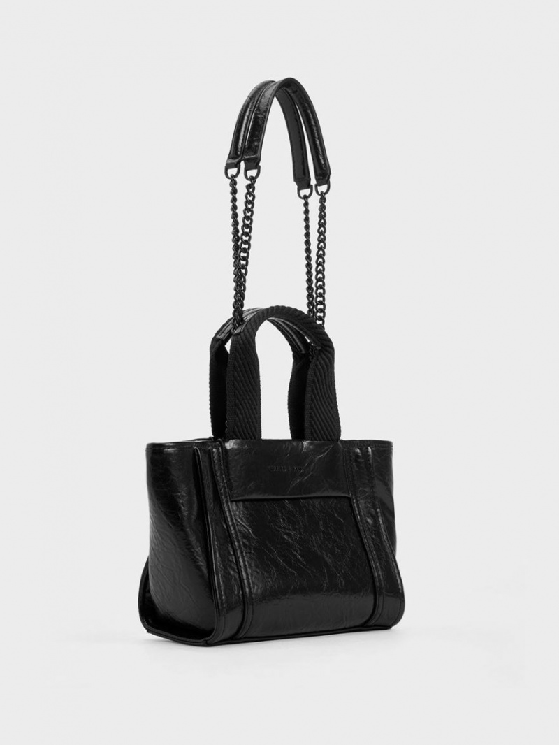 τσάντεσ tote Charles And Keith Shalia Crinkle-Effect Chain-Handle μαυρα | 98764-EQSG