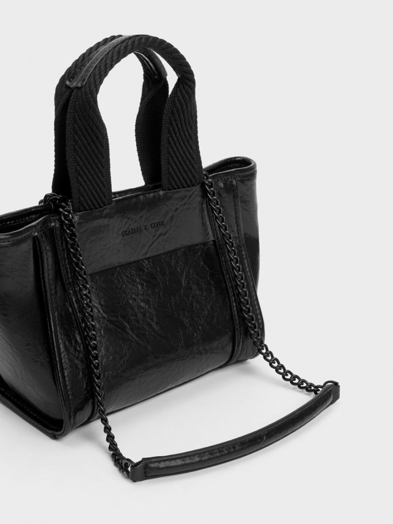 τσάντεσ tote Charles And Keith Shalia Crinkle-Effect Chain-Handle μαυρα | 98764-EQSG