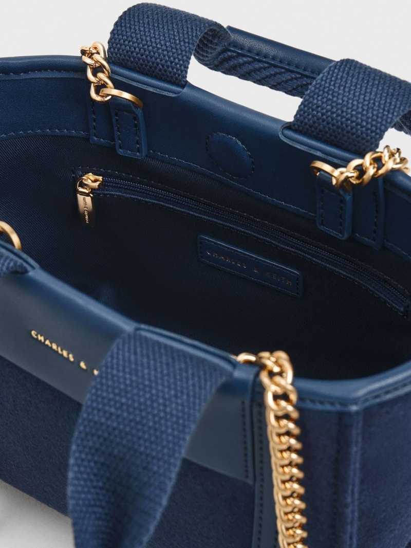 τσάντεσ tote Charles And Keith Shalia Textured Chain-Handle σκουρο μπλε | 37518-EWHD
