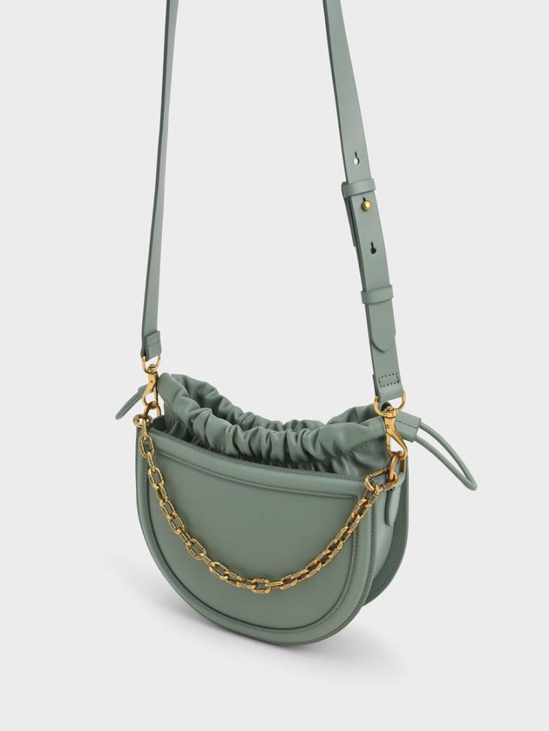 τσάντεσ tote Charles And Keith Solange Ruched Chain Handle Crescent Ελιά | 08316-PSMV
