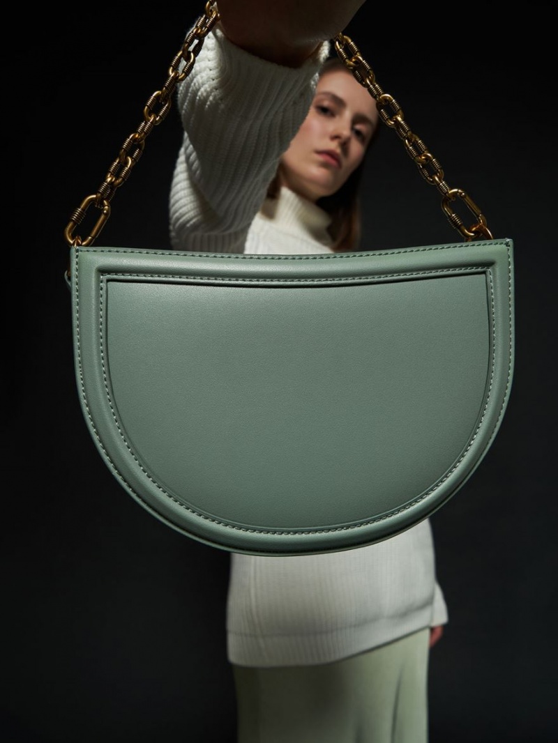 τσάντεσ tote Charles And Keith Solange Ruched Chain Handle Crescent Ελιά | 08316-PSMV
