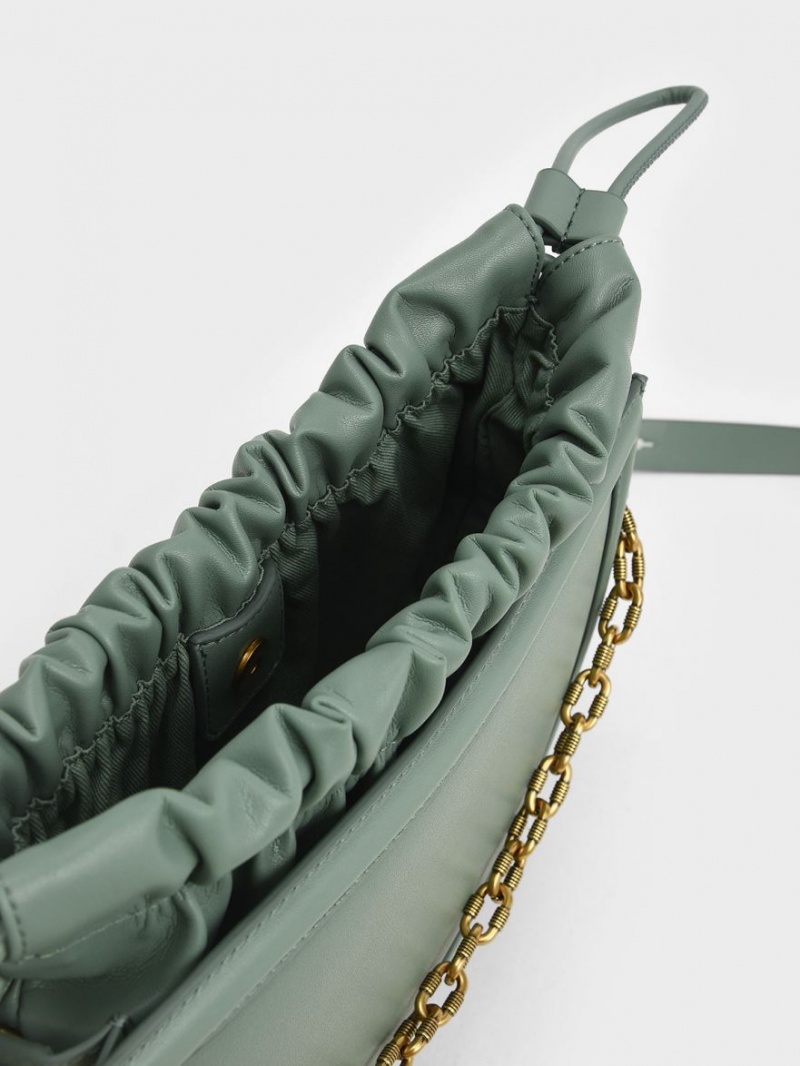 τσάντεσ tote Charles And Keith Solange Ruched Chain Handle Crescent Ελιά | 08316-PSMV