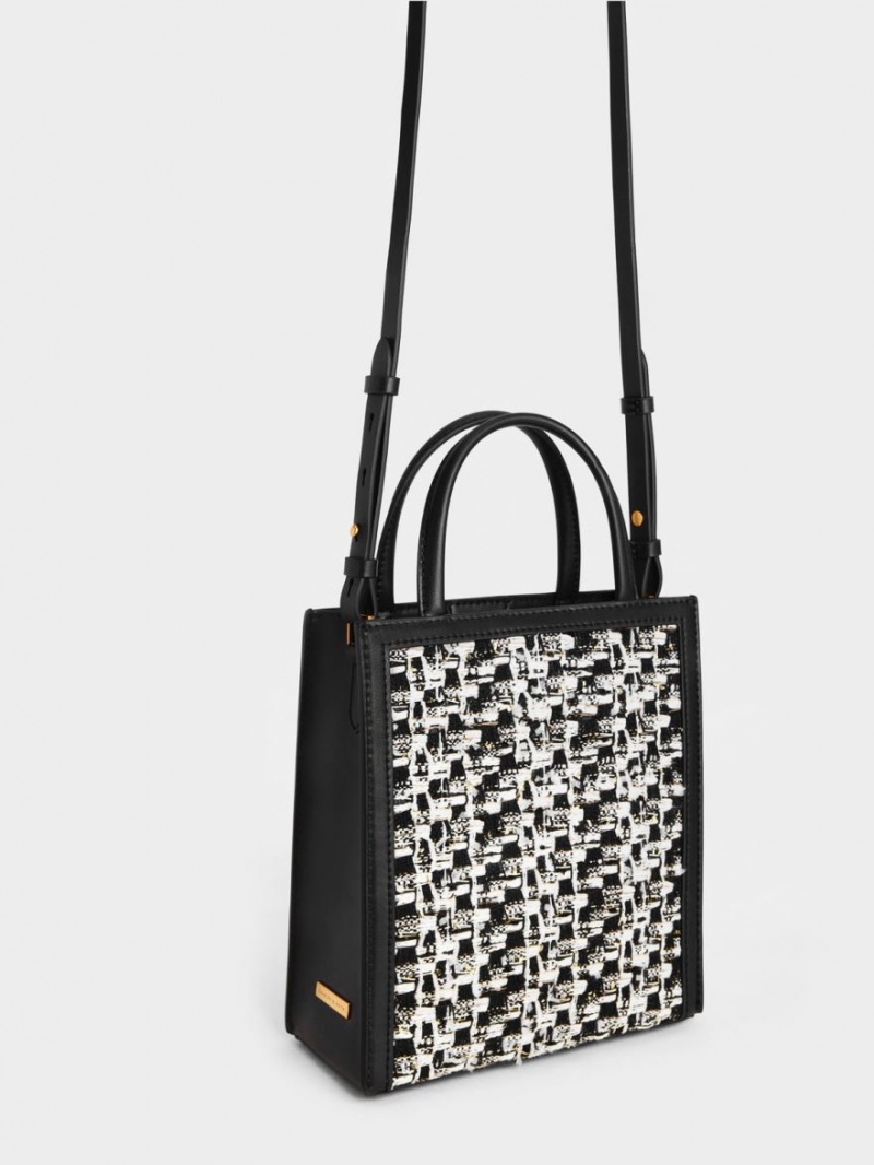 τσάντεσ tote Charles And Keith Tweed Double Handle μαυρα | 36058-LMUB