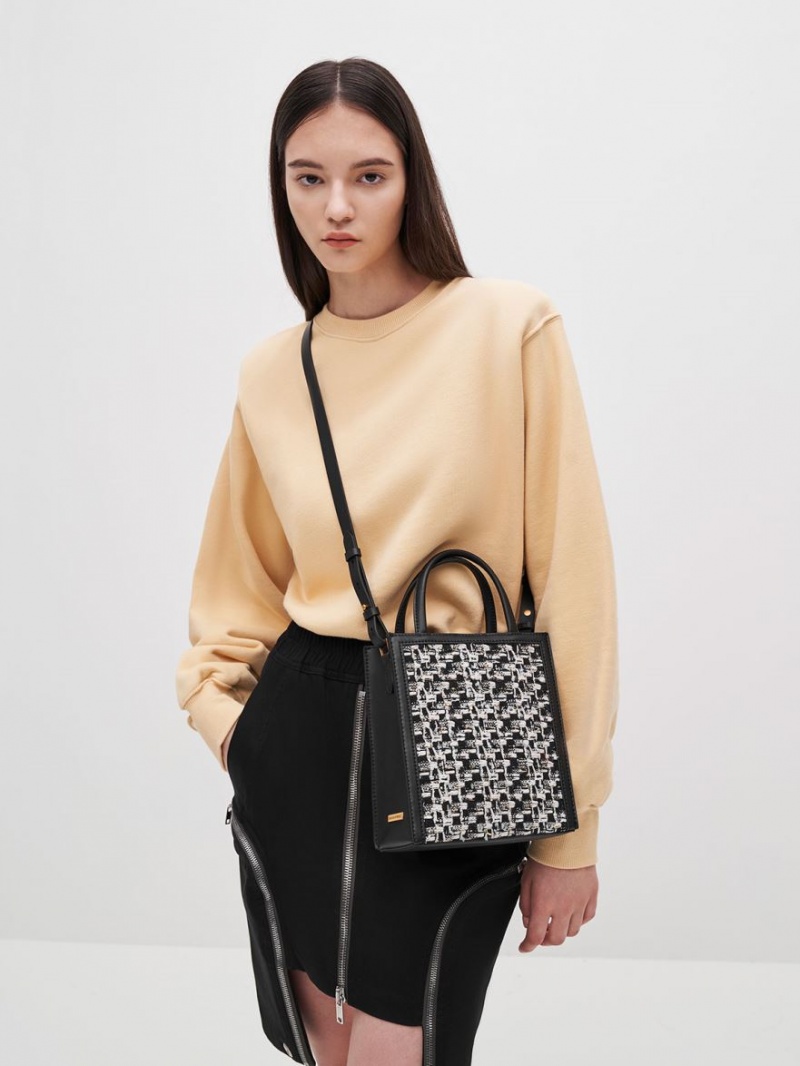 τσάντεσ tote Charles And Keith Tweed Double Handle μαυρα | 36058-LMUB