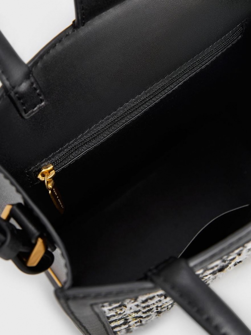 τσάντεσ tote Charles And Keith Tweed Double Handle μαυρα | 36058-LMUB
