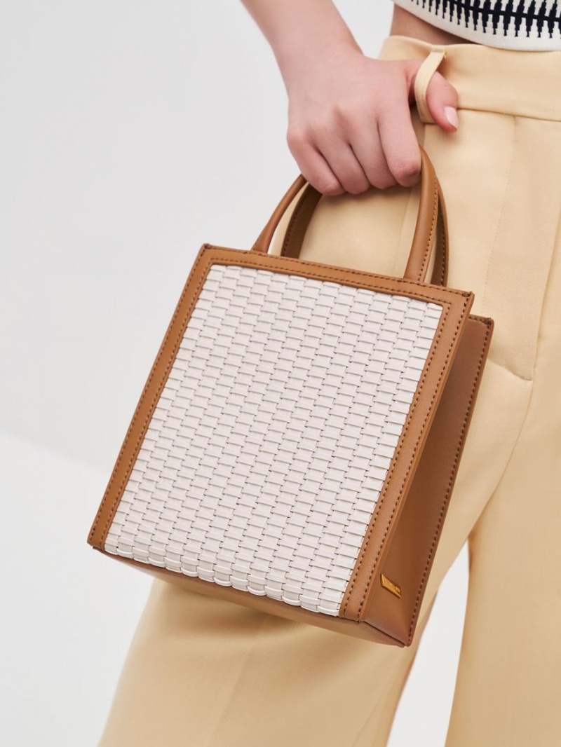 τσάντεσ tote Charles And Keith Woven Double Handle σοκολάτα | 95234-FSMQ