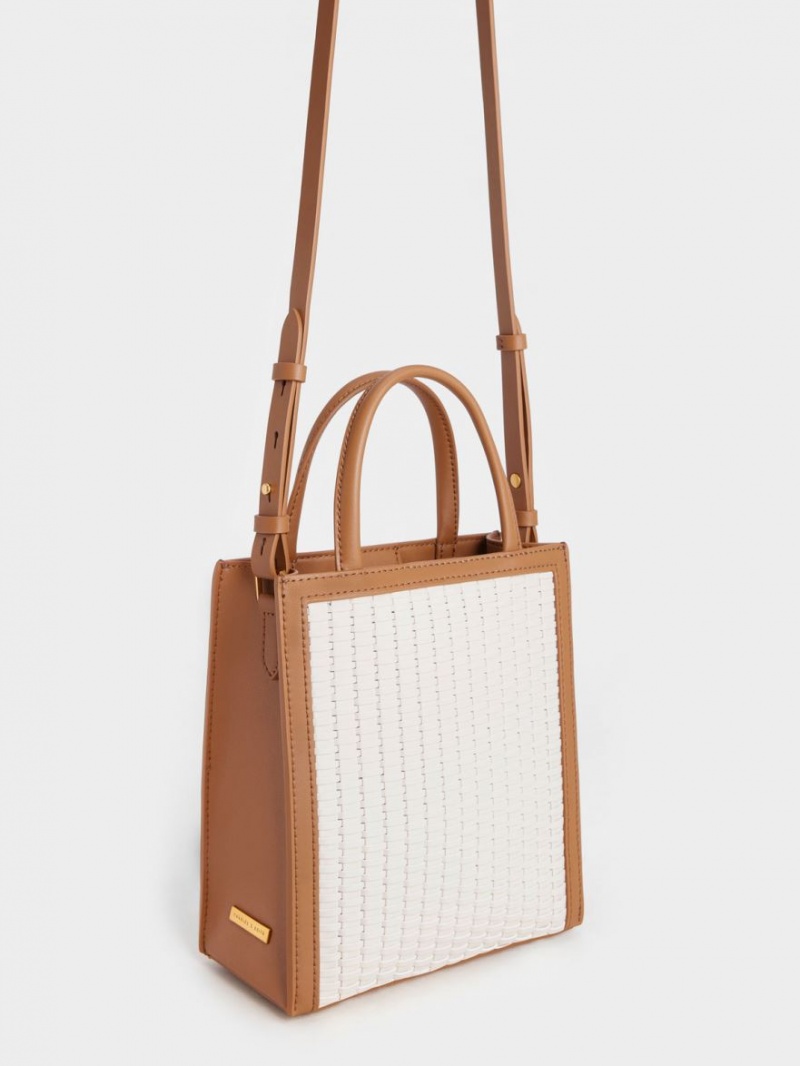 τσάντεσ tote Charles And Keith Woven Double Handle σοκολάτα | 95234-FSMQ