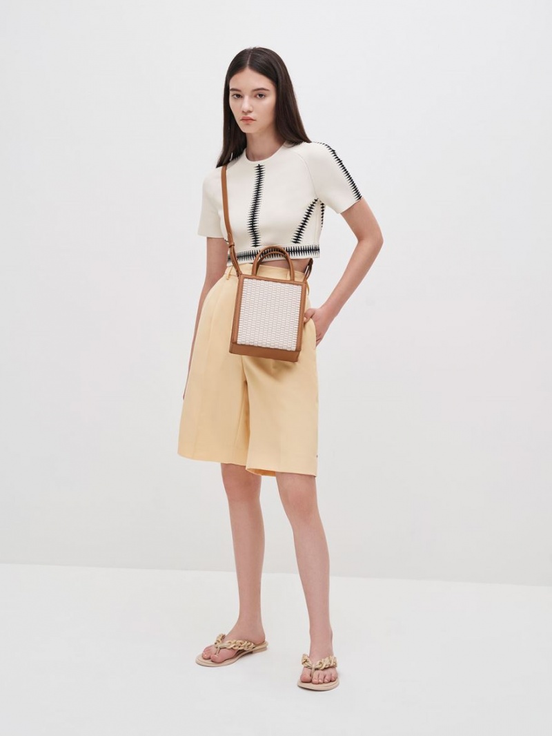 τσάντεσ tote Charles And Keith Woven Double Handle σοκολάτα | 95234-FSMQ