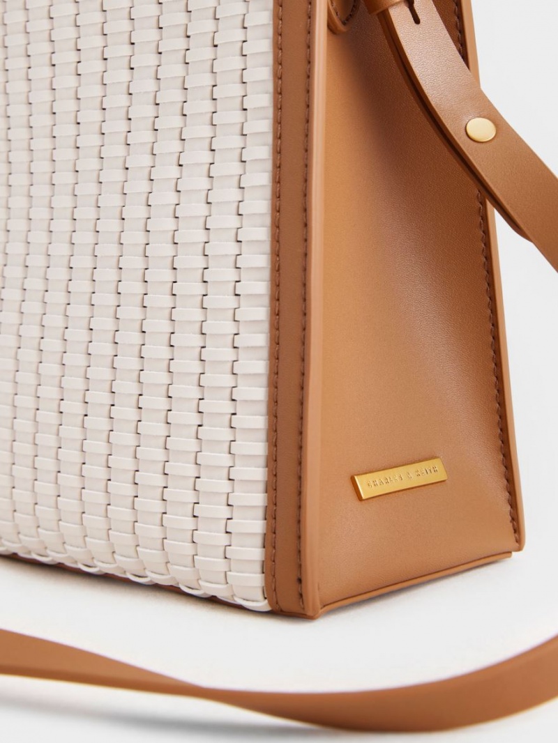τσάντεσ tote Charles And Keith Woven Double Handle σοκολάτα | 95234-FSMQ