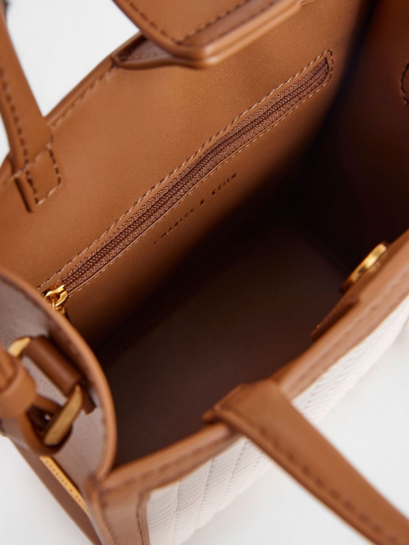 τσάντεσ tote Charles And Keith Woven Double Handle σοκολάτα | 95234-FSMQ