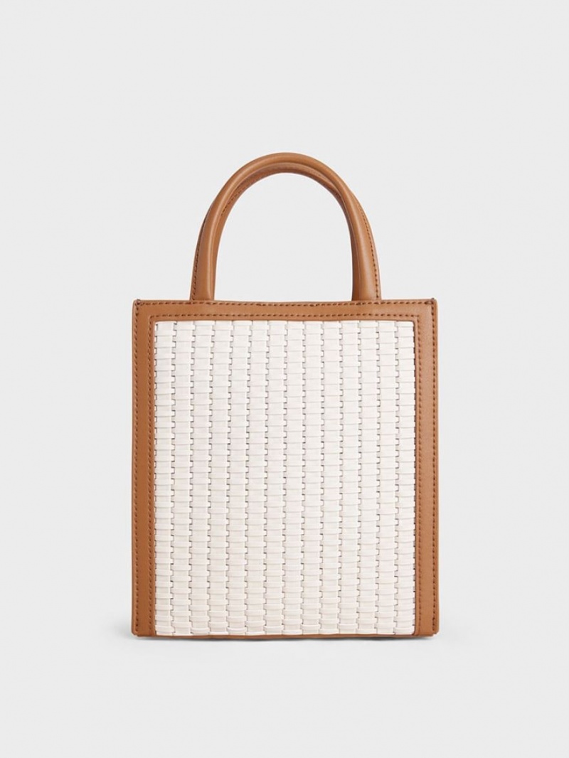 τσάντεσ tote Charles And Keith Woven Double Handle σοκολάτα | 95234-FSMQ