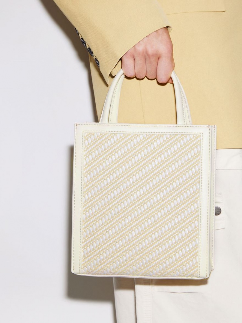 τσάντεσ tote Charles And Keith Woven Double Handle κρέμα | 18946-REYK