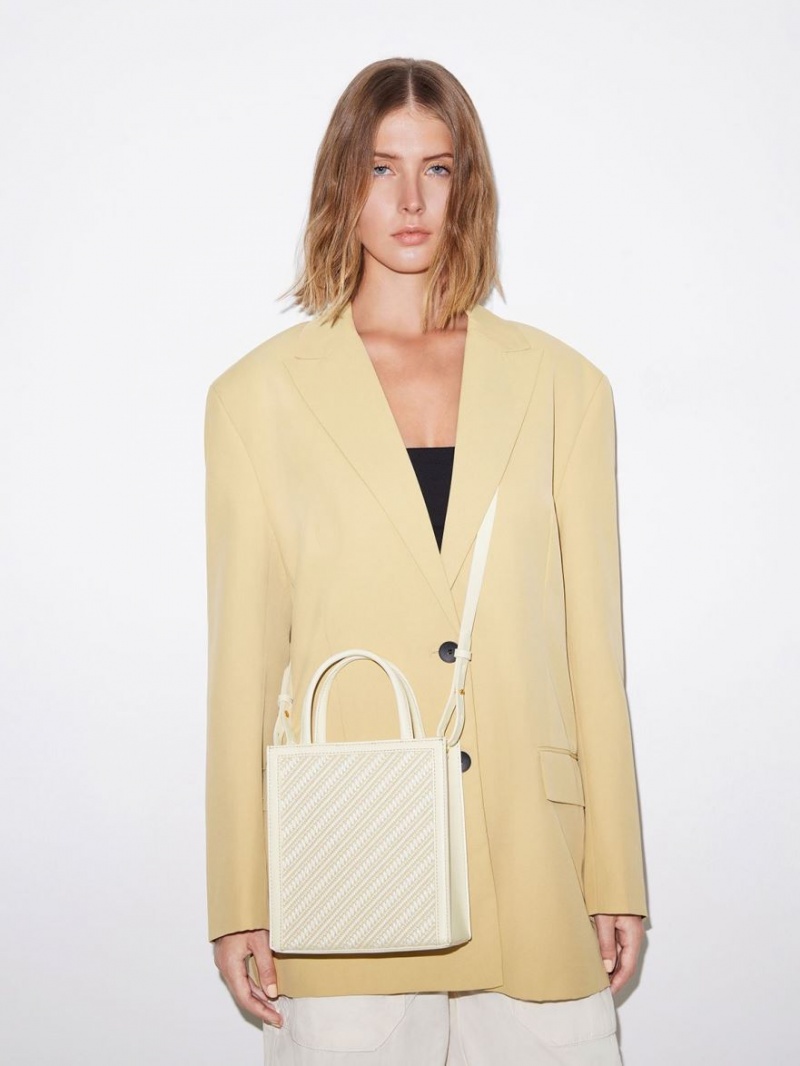 τσάντεσ tote Charles And Keith Woven Double Handle κρέμα | 18946-REYK