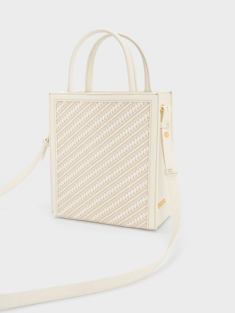 τσάντεσ tote Charles And Keith Woven Double Handle κρέμα | 18946-REYK