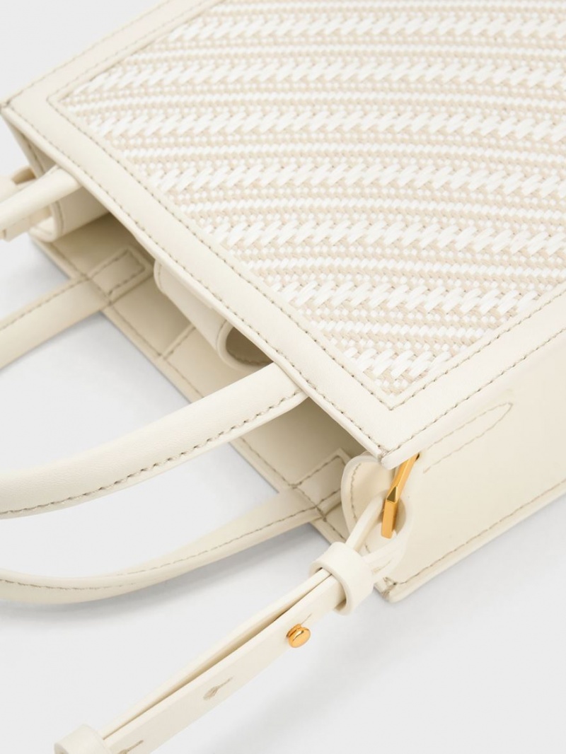τσάντεσ tote Charles And Keith Woven Double Handle κρέμα | 18946-REYK