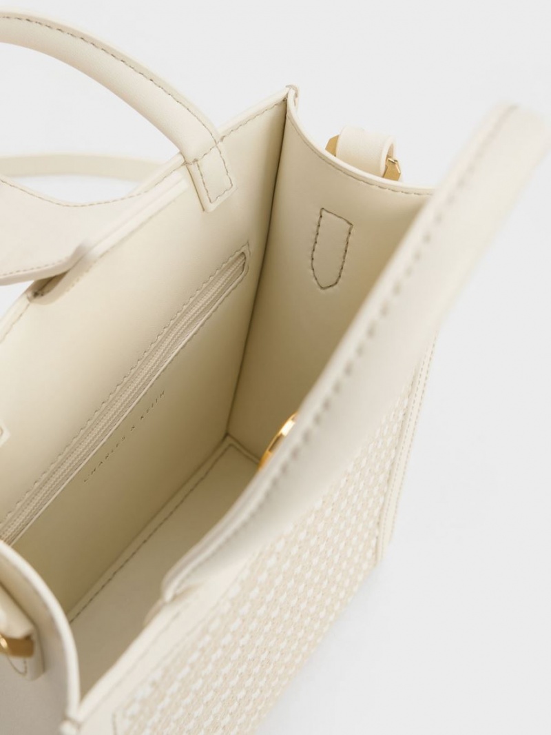 τσάντεσ tote Charles And Keith Woven Double Handle κρέμα | 18946-REYK