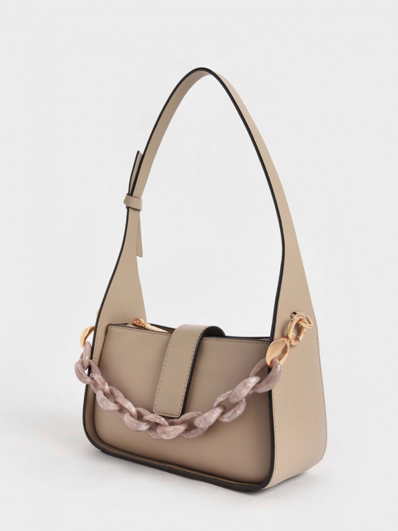 τσάντεσ tote Charles And Keith δερματινα Chain-Link Μπεζ | 82057-ZMOG