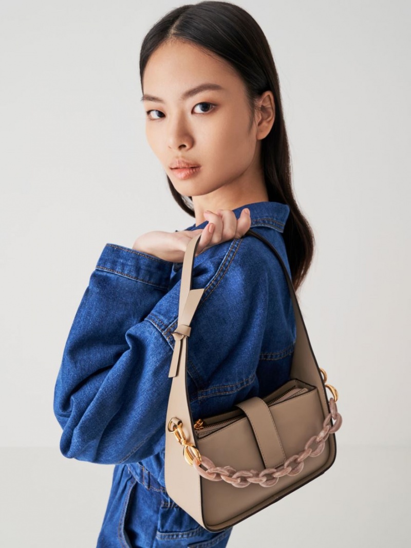 τσάντεσ tote Charles And Keith δερματινα Chain-Link Μπεζ | 82057-ZMOG