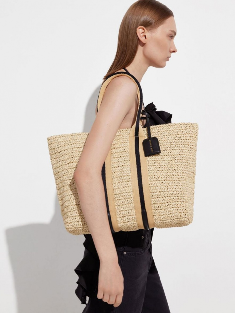 τσάντεσ tote Charles And Keith Ριγέ Handles Raffia Μπεζ | 67953-RQPG