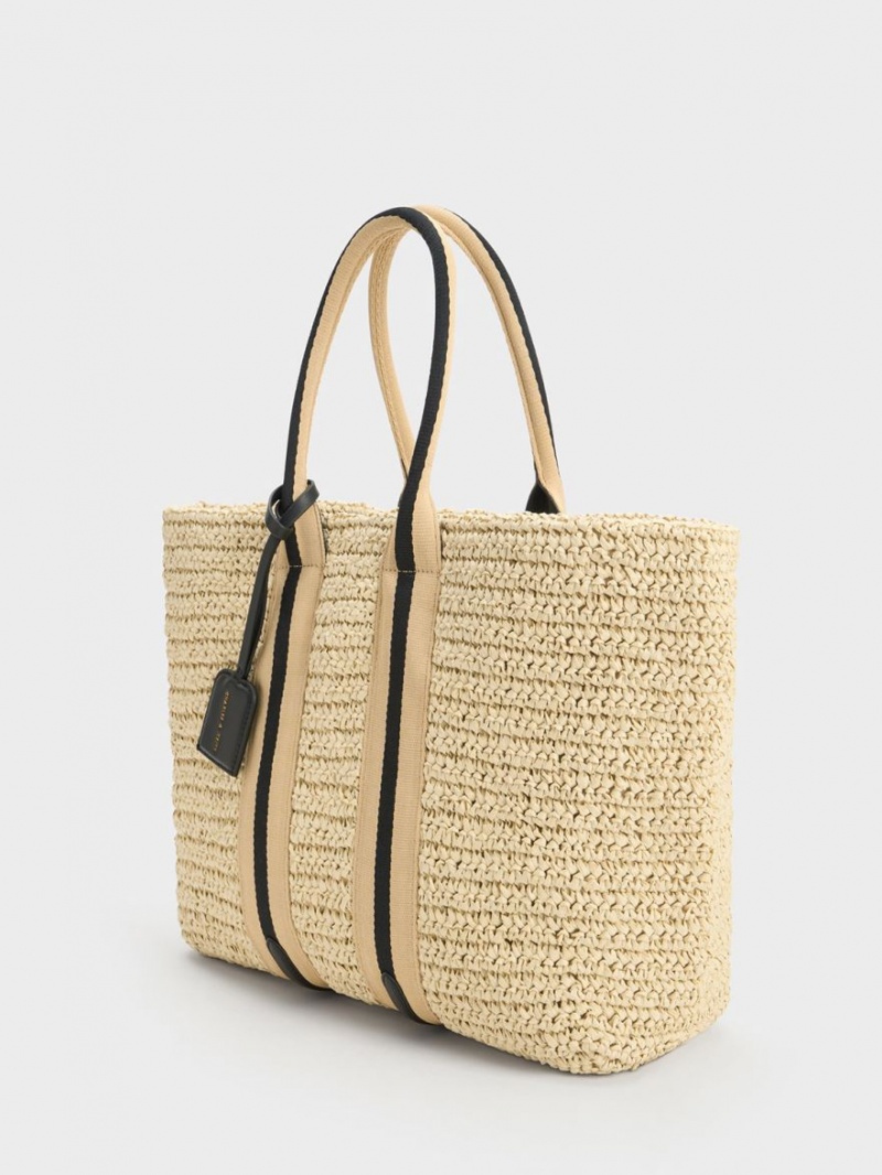 τσάντεσ tote Charles And Keith Ριγέ Handles Raffia Μπεζ | 67953-RQPG