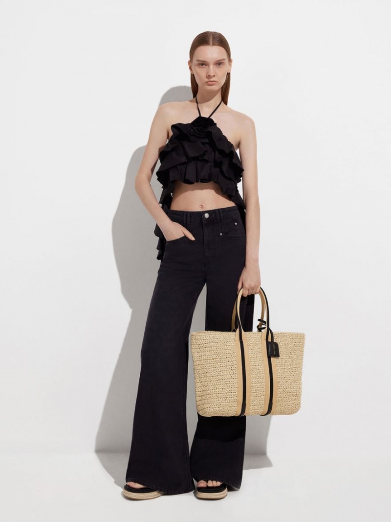 τσάντεσ tote Charles And Keith Ριγέ Handles Raffia Μπεζ | 67953-RQPG