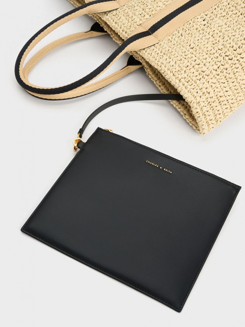τσάντεσ tote Charles And Keith Ριγέ Handles Raffia Μπεζ | 67953-RQPG