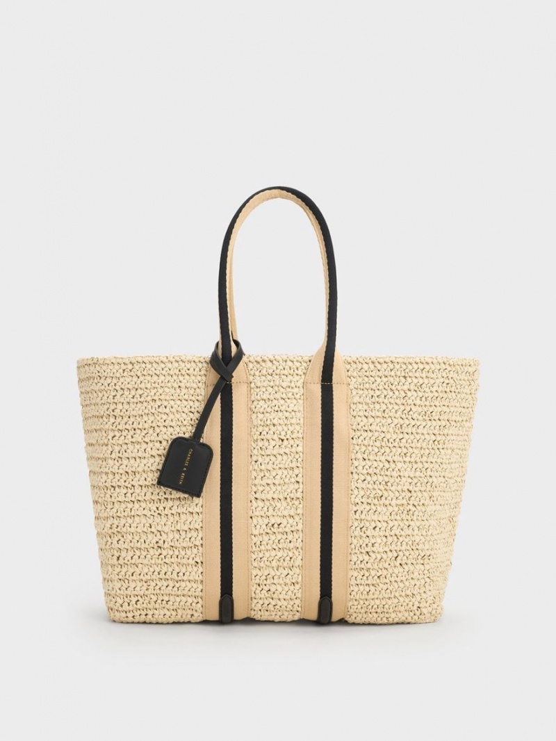 τσάντεσ tote Charles And Keith Ριγέ Handles Raffia Μπεζ | 67953-RQPG