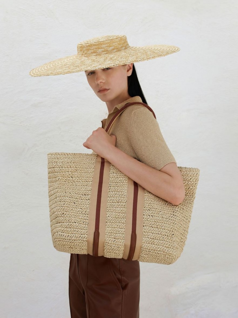 τσάντεσ tote Charles And Keith Ριγέ Handles Raffia Μπεζ | 92085-UELX