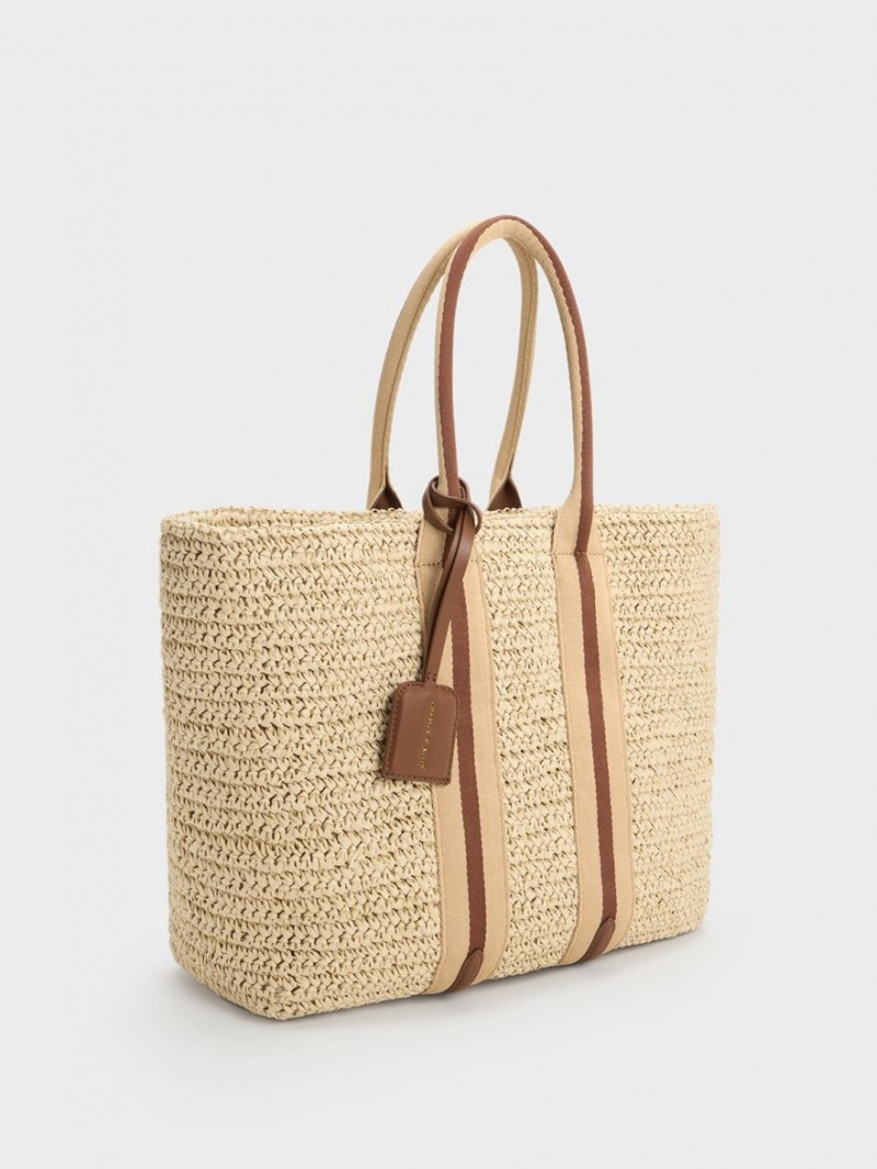 τσάντεσ tote Charles And Keith Ριγέ Handles Raffia Μπεζ | 92085-UELX
