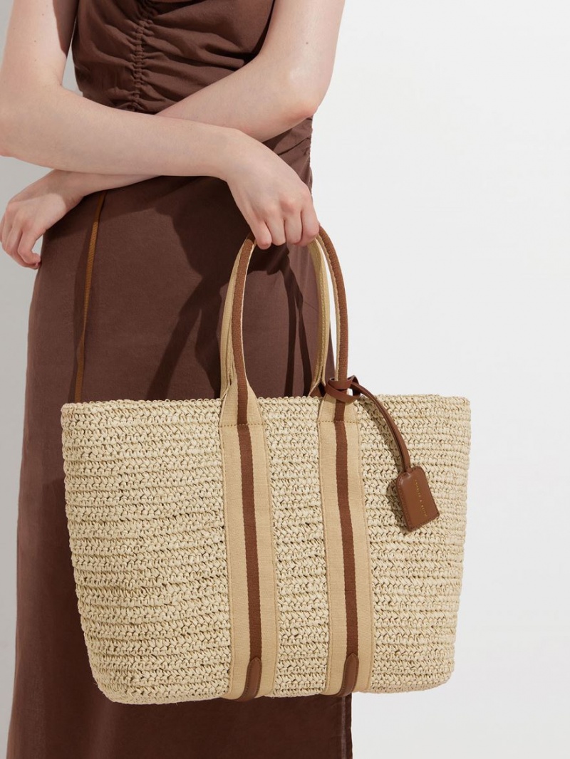 τσάντεσ tote Charles And Keith Ριγέ Handles Raffia Μπεζ | 92085-UELX