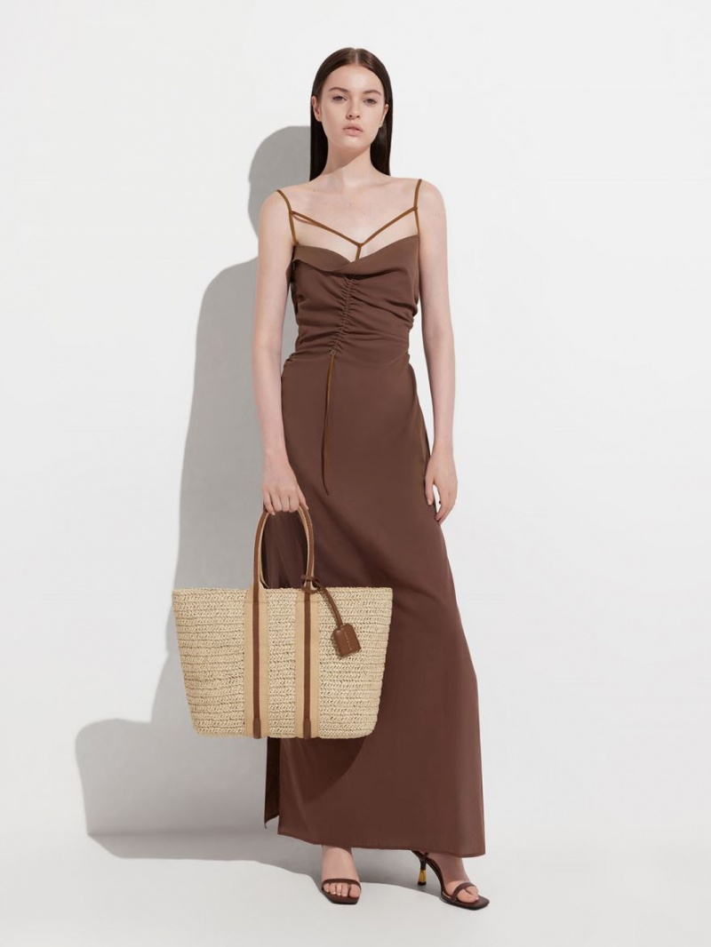τσάντεσ tote Charles And Keith Ριγέ Handles Raffia Μπεζ | 92085-UELX
