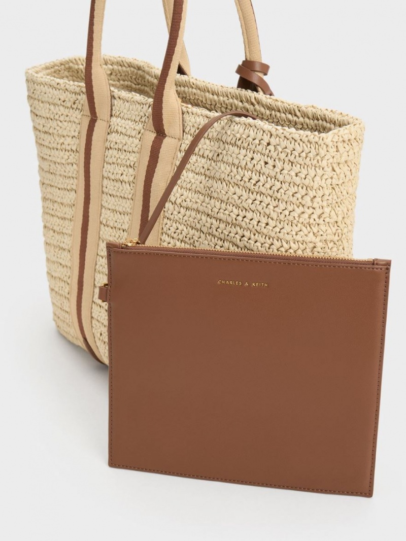 τσάντεσ tote Charles And Keith Ριγέ Handles Raffia Μπεζ | 92085-UELX