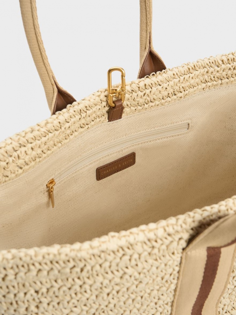 τσάντεσ tote Charles And Keith Ριγέ Handles Raffia Μπεζ | 92085-UELX