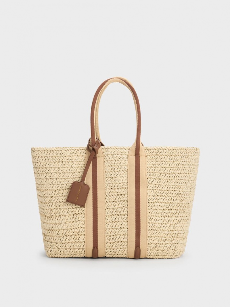 τσάντεσ tote Charles And Keith Ριγέ Handles Raffia Μπεζ | 92085-UELX