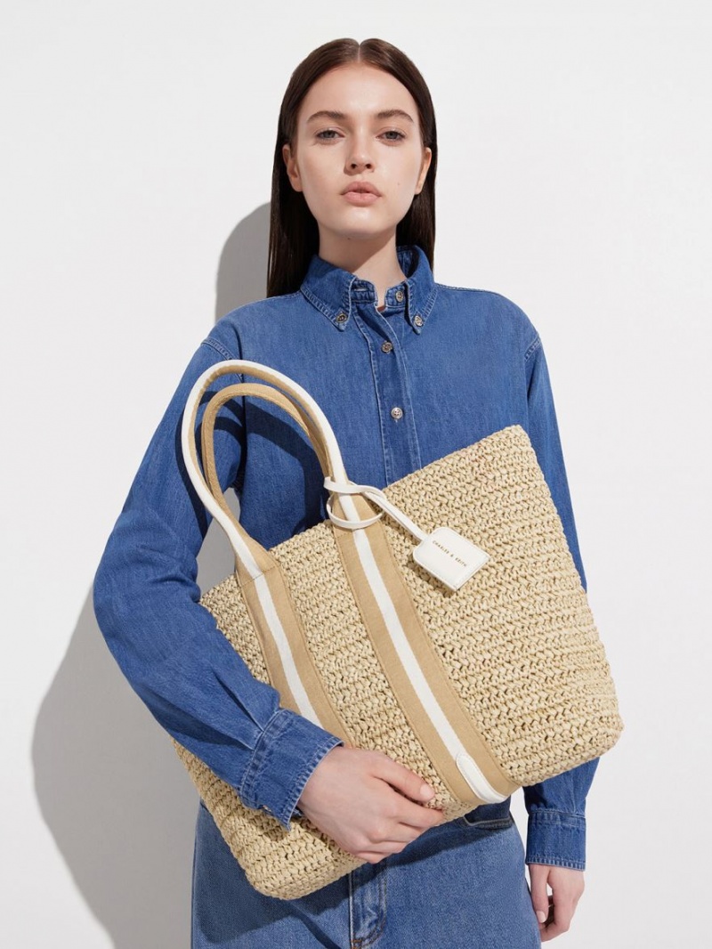 τσάντεσ tote Charles And Keith Ριγέ Handles Raffia Μπεζ | 91058-HFLN