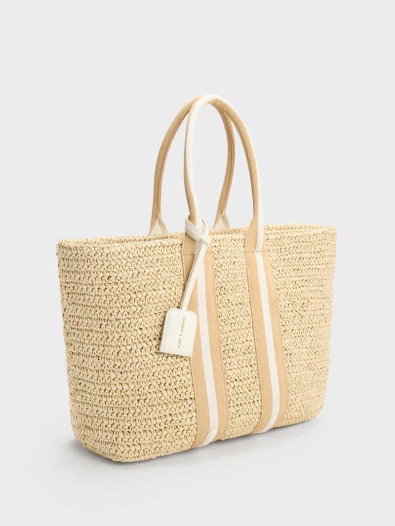 τσάντεσ tote Charles And Keith Ριγέ Handles Raffia Μπεζ | 91058-HFLN