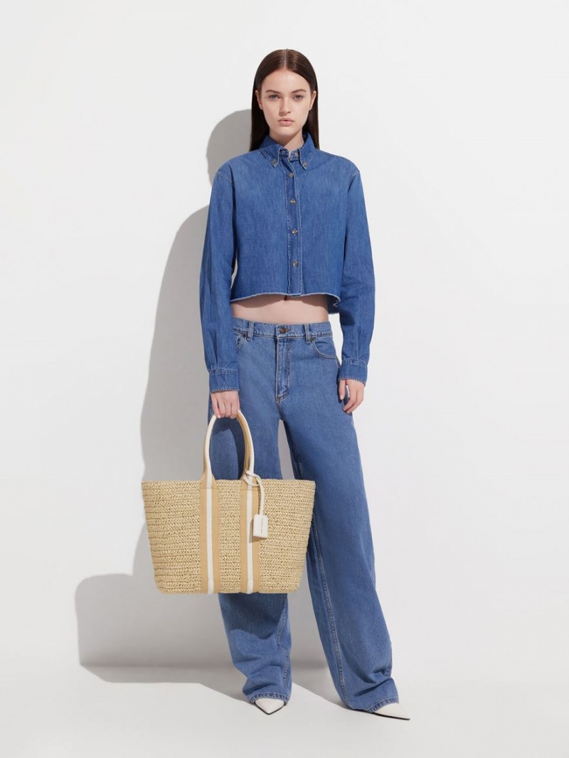 τσάντεσ tote Charles And Keith Ριγέ Handles Raffia Μπεζ | 91058-HFLN