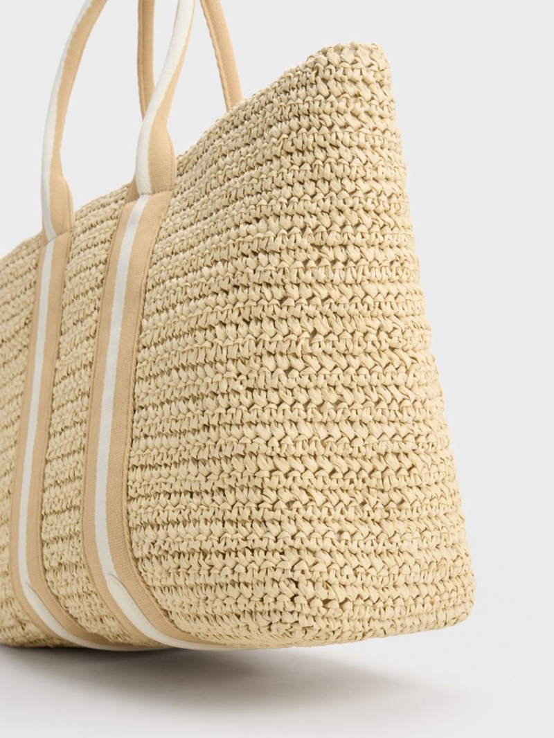 τσάντεσ tote Charles And Keith Ριγέ Handles Raffia Μπεζ | 91058-HFLN