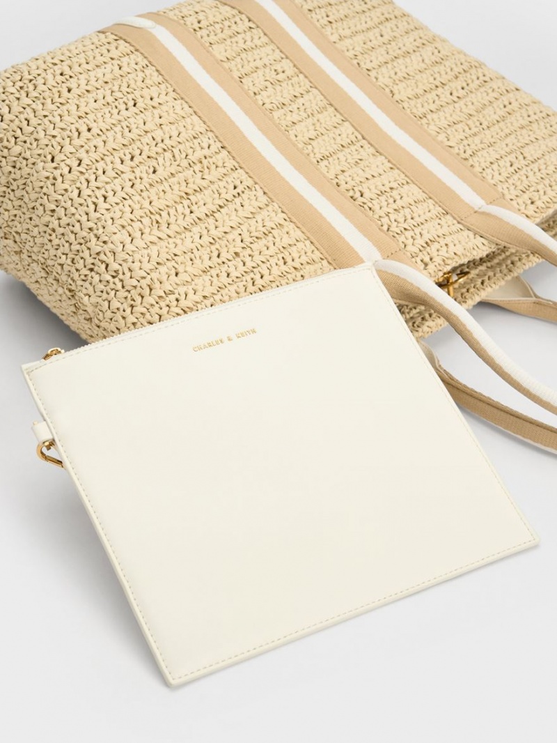 τσάντεσ tote Charles And Keith Ριγέ Handles Raffia Μπεζ | 91058-HFLN