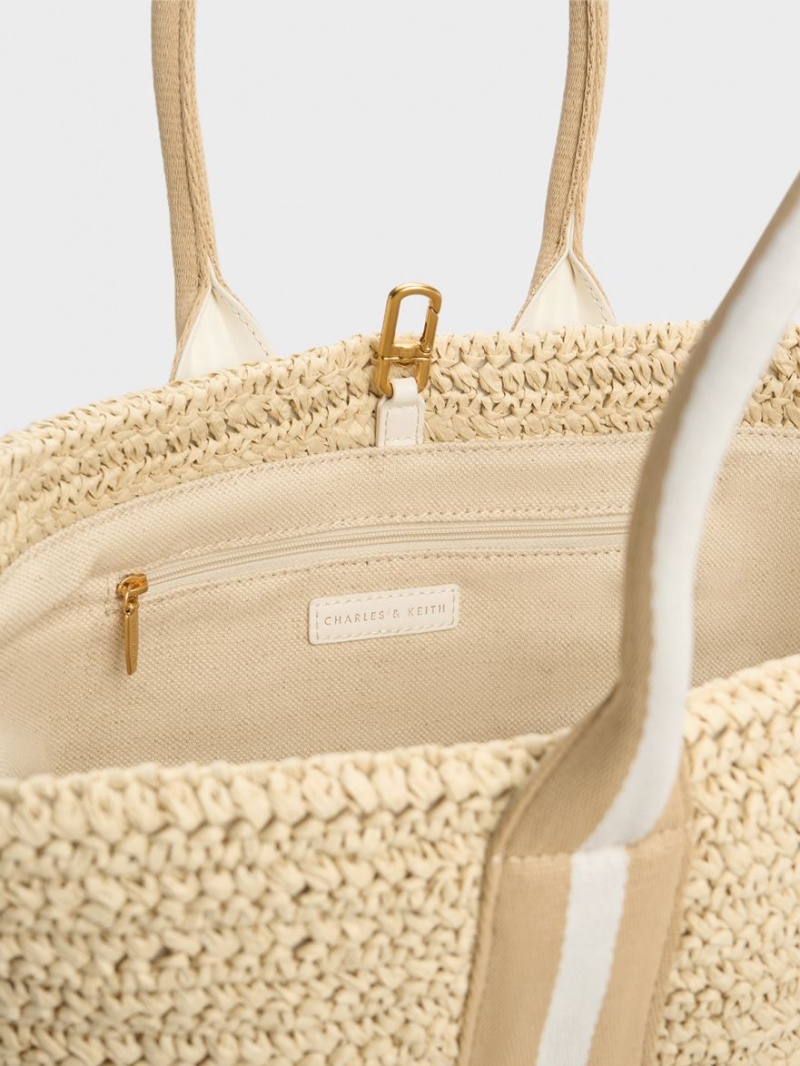 τσάντεσ tote Charles And Keith Ριγέ Handles Raffia Μπεζ | 91058-HFLN