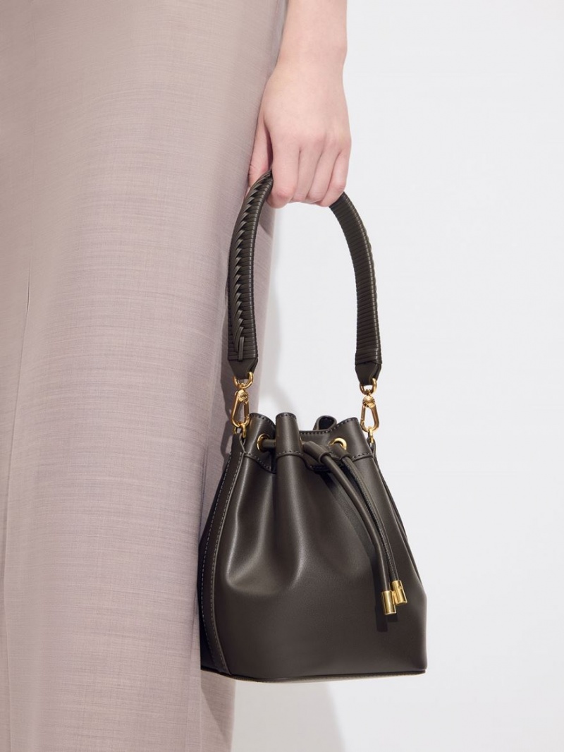 bucket bags Charles And Keith Braided-Handle Drawstring μαυρα | 43769-DEYK