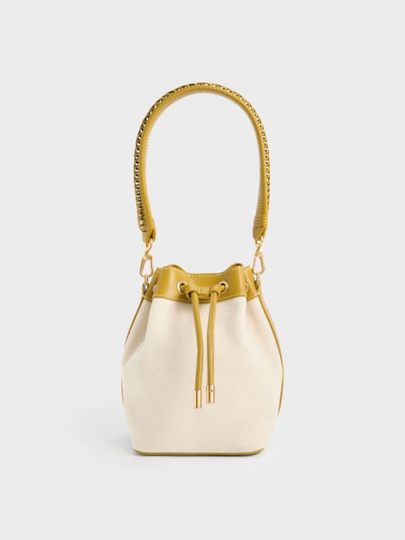 bucket bags Charles And Keith Braided-Handle Drawstring μουστάρδα | 69854-OKMG