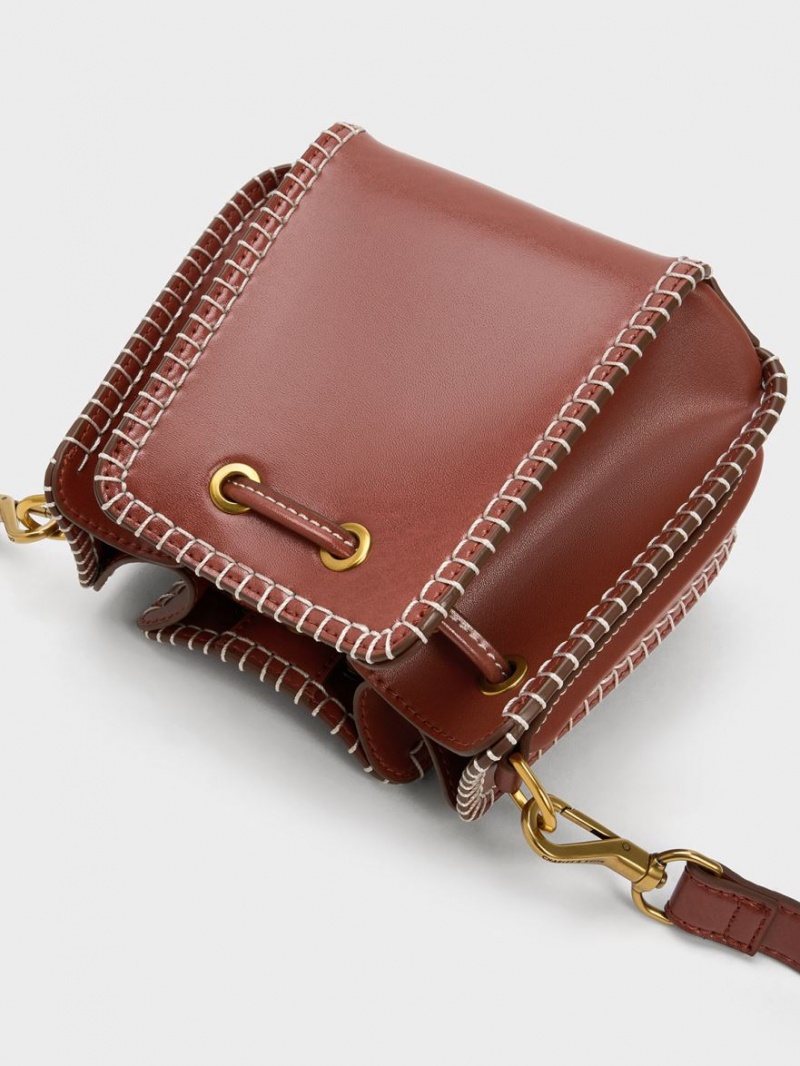 bucket bags Charles And Keith Circe Stitch-Trim καφε | 92531-GAUI